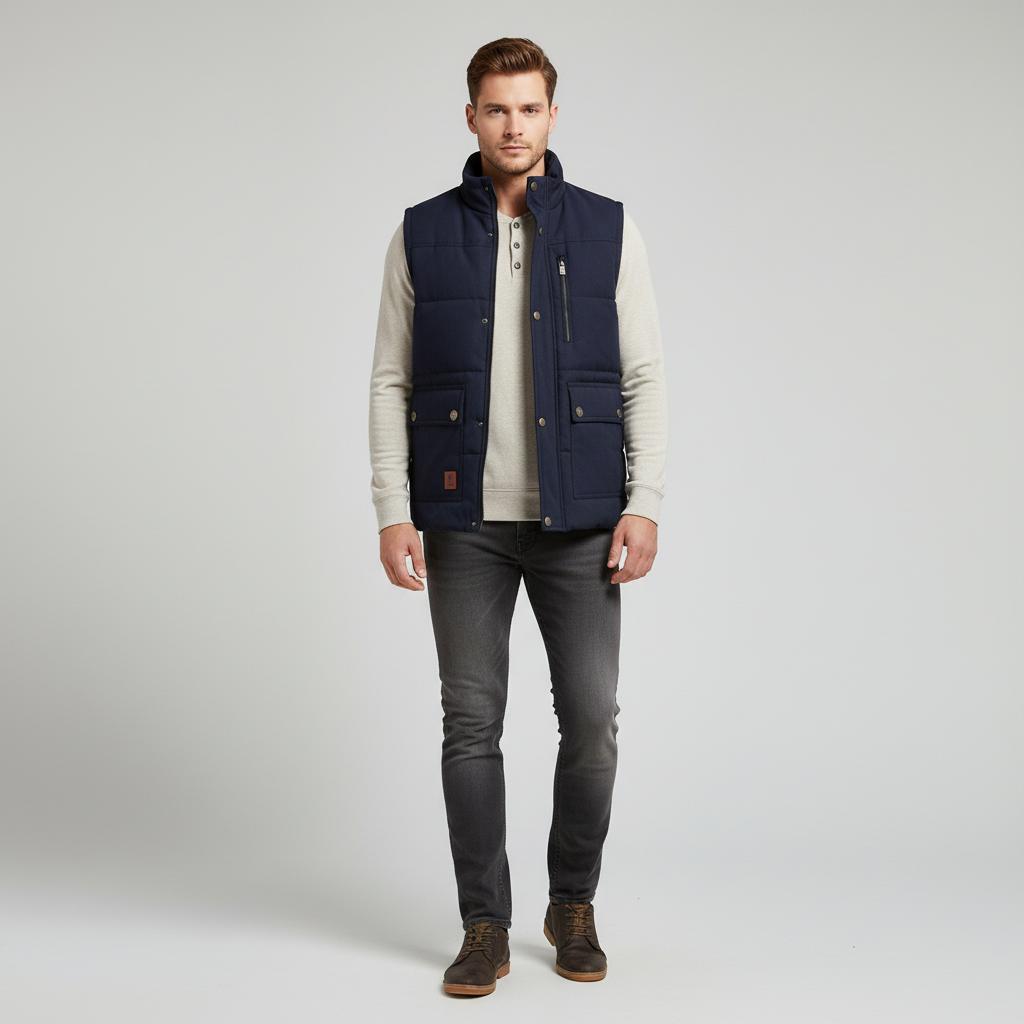 Highly functional men's outerwear vest, designed for versatility and everyday wear