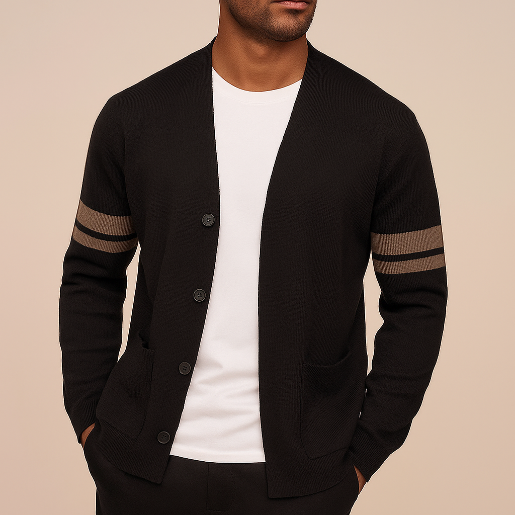 Collarless men's knit cardigan with patch pockets for versatile smart casual layering.