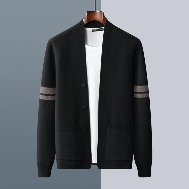 Modern men's collarless knit cardigan. Versatile style for effortless layering & comfort.