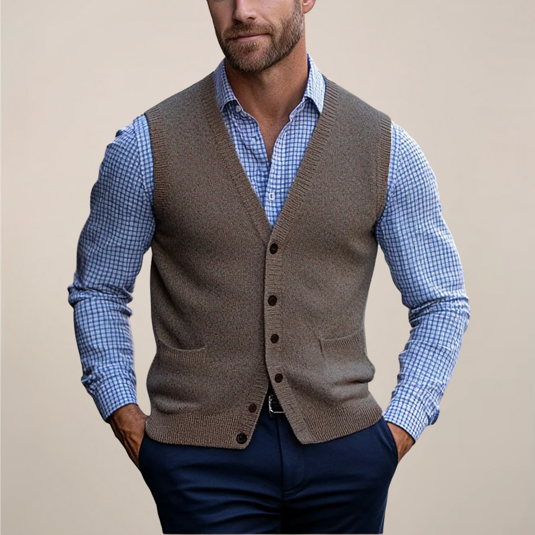 Men's versatile knit sleeveless sweater vest, perfect for smart casual layered looks & all-season wear.