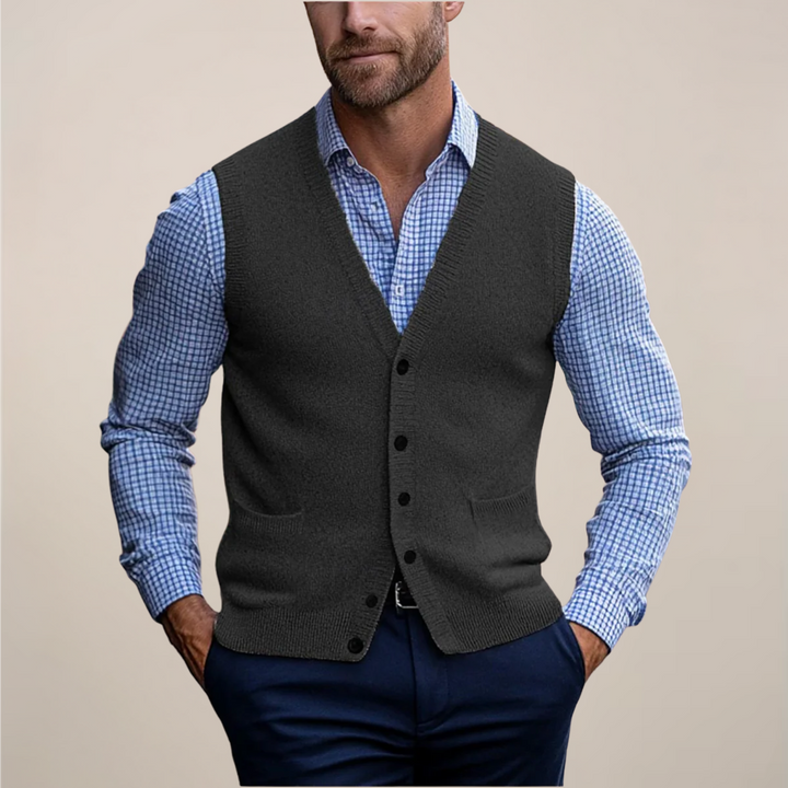 Stylish men's regular fit sleeveless sweater vest, ideal for office wear or professional layering.
