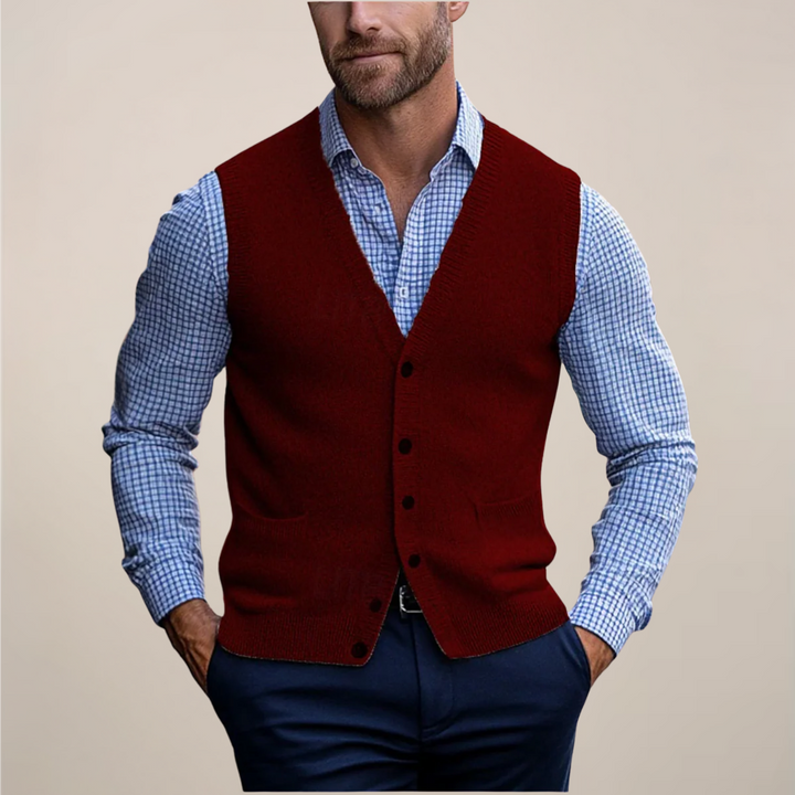 Comfortable men's knit vest sweater, a wardrobe staple for effortless layering and versatile fashion.
