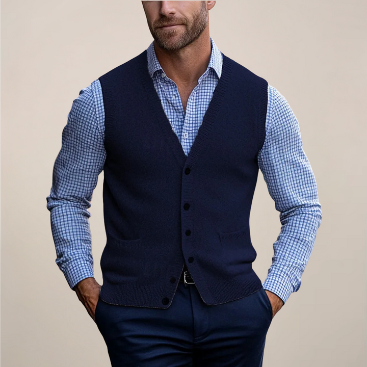 Men's versatile sleeveless knit vest for a sophisticated layered style, great for smart casual outfits.