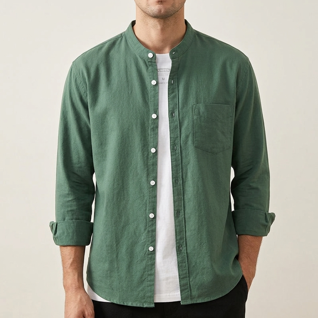 Men's classic green long sleeve button-up shirt. Versatile for casual & formal occasions. Everyday wear.