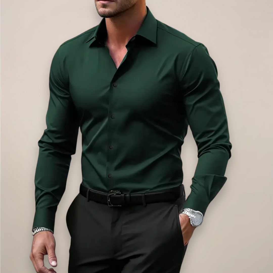 Autumn/Spring men's long-sleeve shirt featuring a unique notched collar. Great for smart casual menswear.