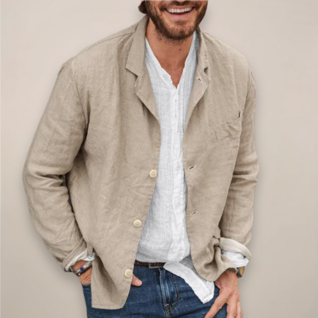 Men's versatile modern blazer jacket, perfect for casual or everyday style. Relaxed fit, lightweight.