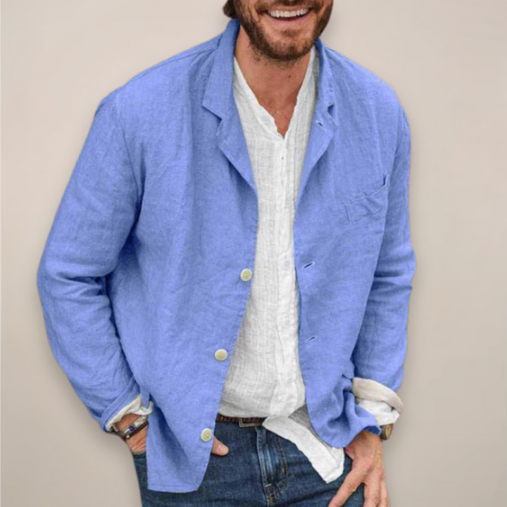 Stylish men's lightweight blazer jacket with a modern design. Ideal for casual everyday wear. Versatile fit.