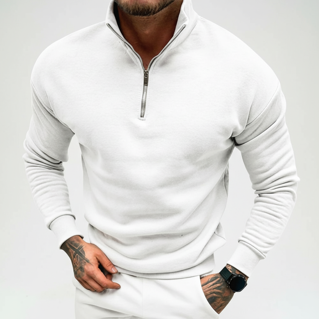 Casual grey men's half-zip sweater, cotton blend, long sleeve, ideal for winter