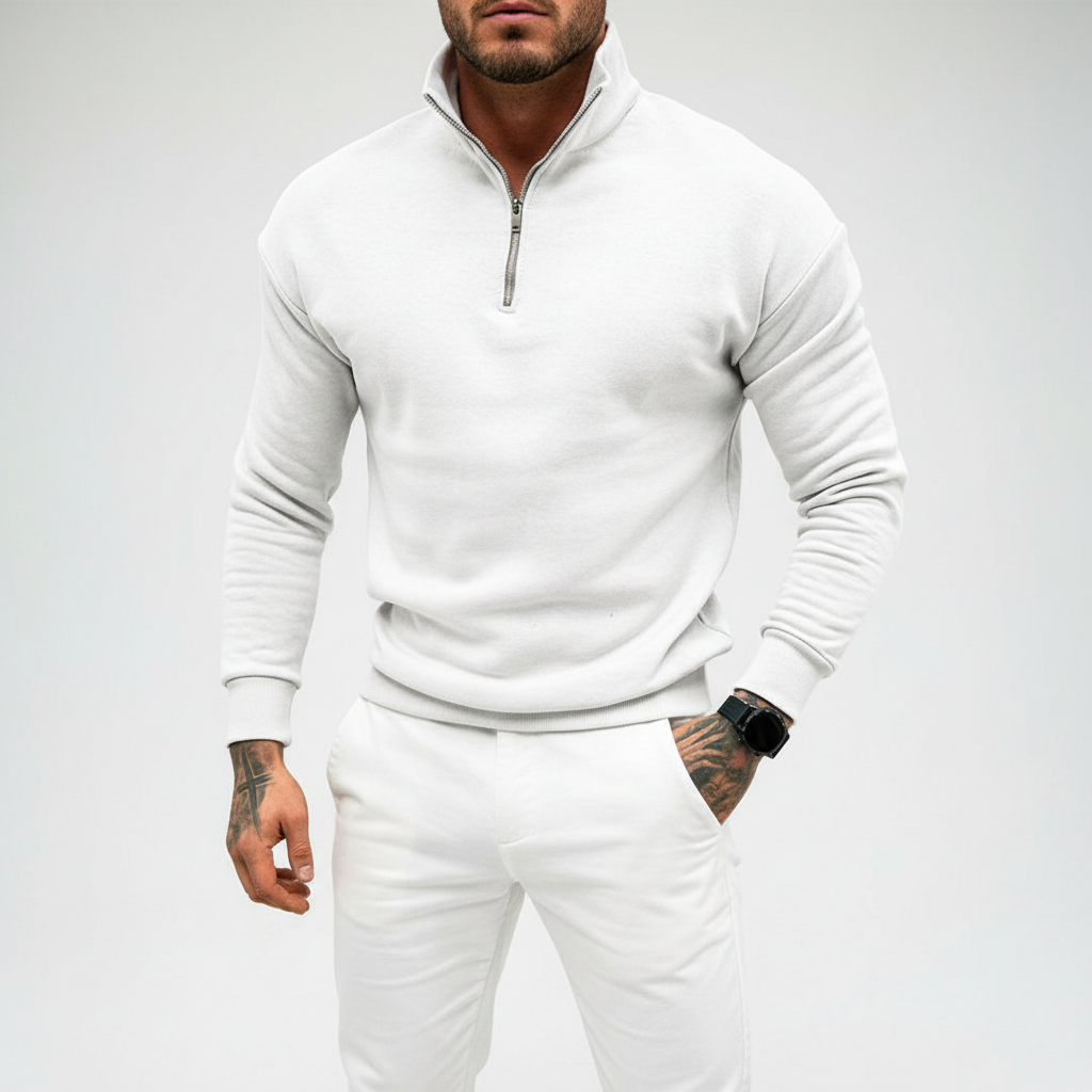 Close-up of ribbed collar on men's half-zip cotton blend sweater, casual wear