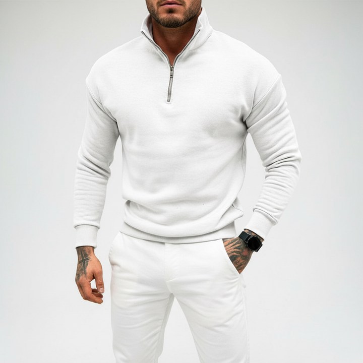 Close-up of ribbed collar on men's half-zip cotton blend sweater, casual wear