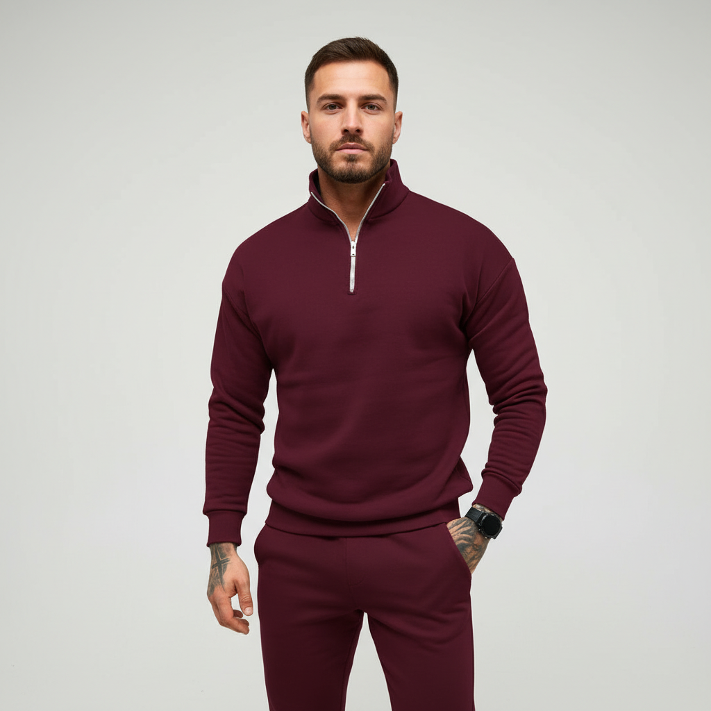 Front view of men's classic green half-zip cotton blend sweater, casual autumn top