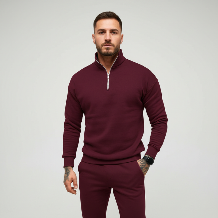 Front view of men's classic green half-zip cotton blend sweater, casual autumn top
