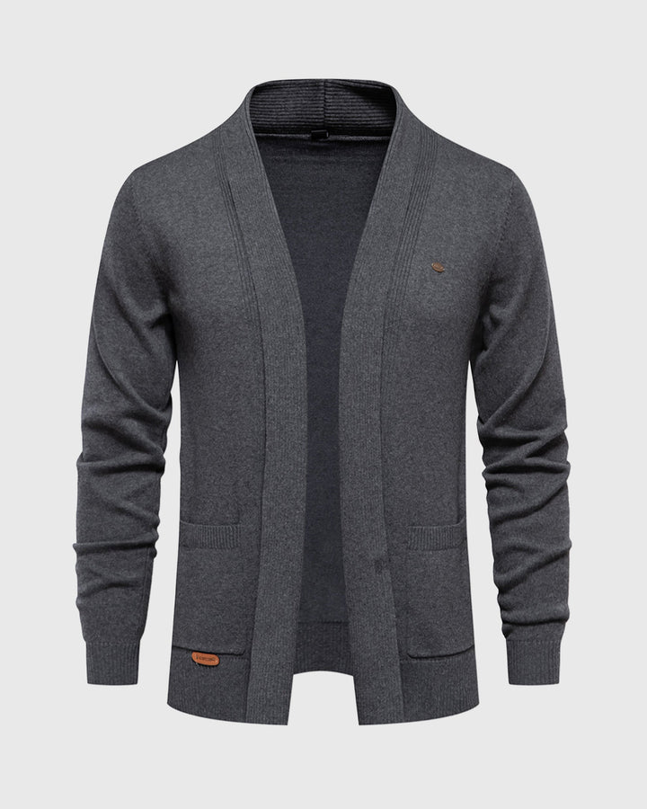 Men's versatile open-front pocket cardigan. Comfortable long sleeve sweater for casual layering.