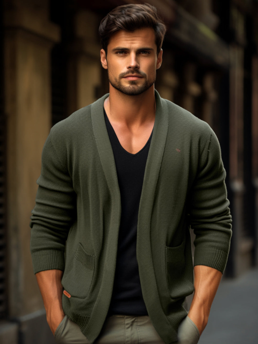 Sophisticated men's open-front cardigan. Soft long sleeve pocket sweater, perfect for smart casual looks.