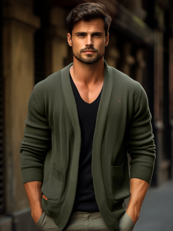 Sophisticated men's open-front cardigan. Soft long sleeve pocket sweater, perfect for smart casual looks.