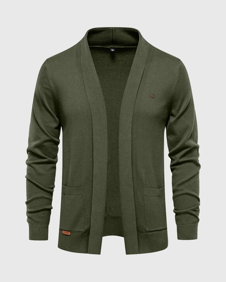 Comfortable men's long sleeve open-front cardigan. Versatile pocket sweater for everyday casual wear.