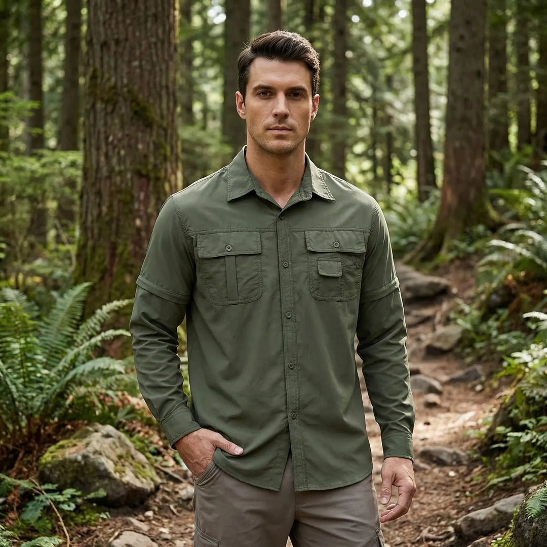 Men's versatile outdoor shirt with zip-off sleeves, quick-dry fabric & UV protection for hiking & travel.