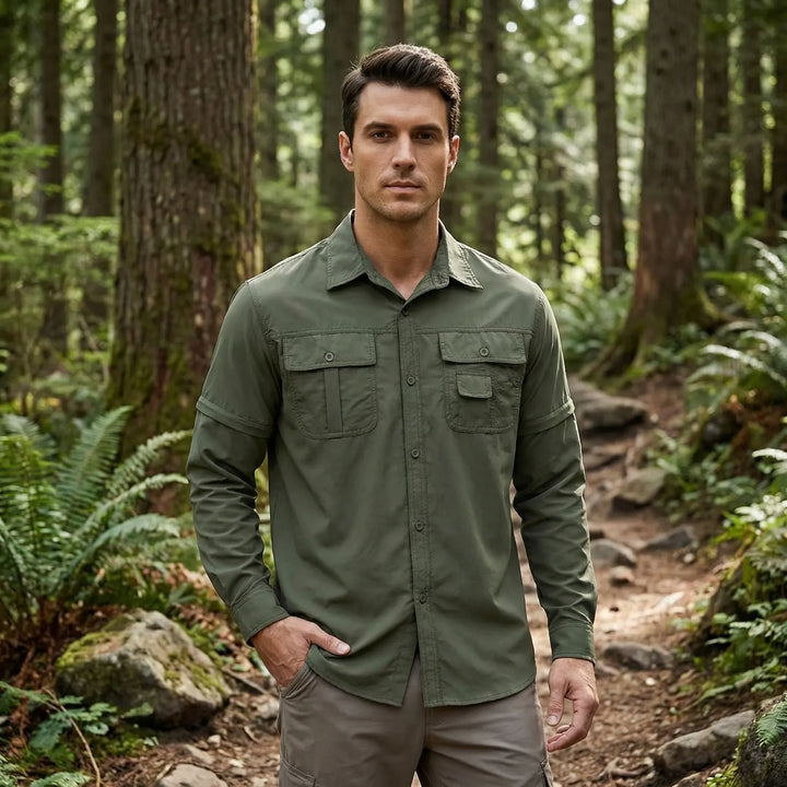 Men's versatile outdoor shirt with zip-off sleeves, quick-dry fabric & UV protection for hiking & travel.