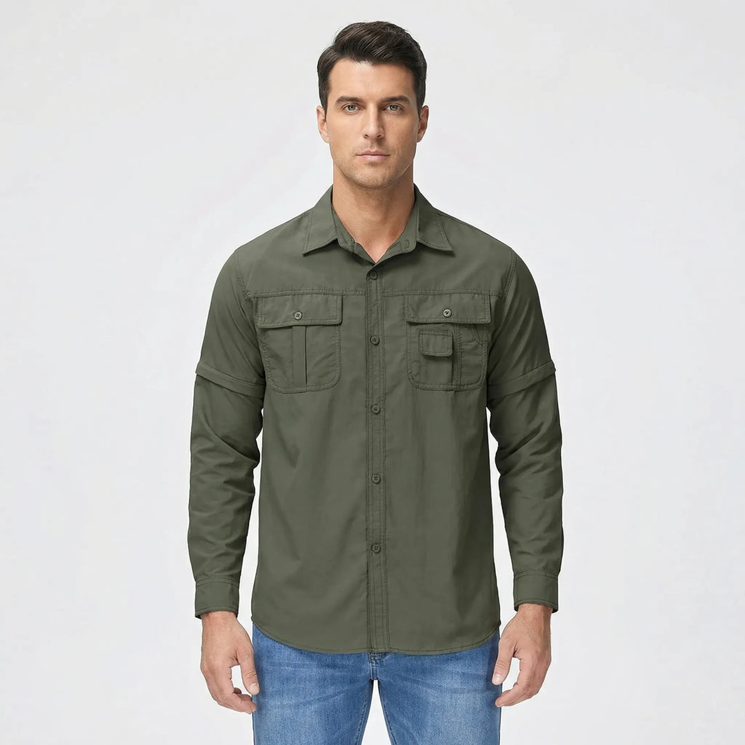 Convertible men's hiking shirt with zip-off sleeves, transforming into a short-sleeve for warm weather comfort.