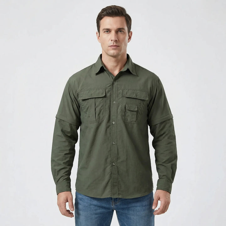 Breathable, quick-dry men's outdoor shirt with UV protection, ideal for spring & summer adventure wear.