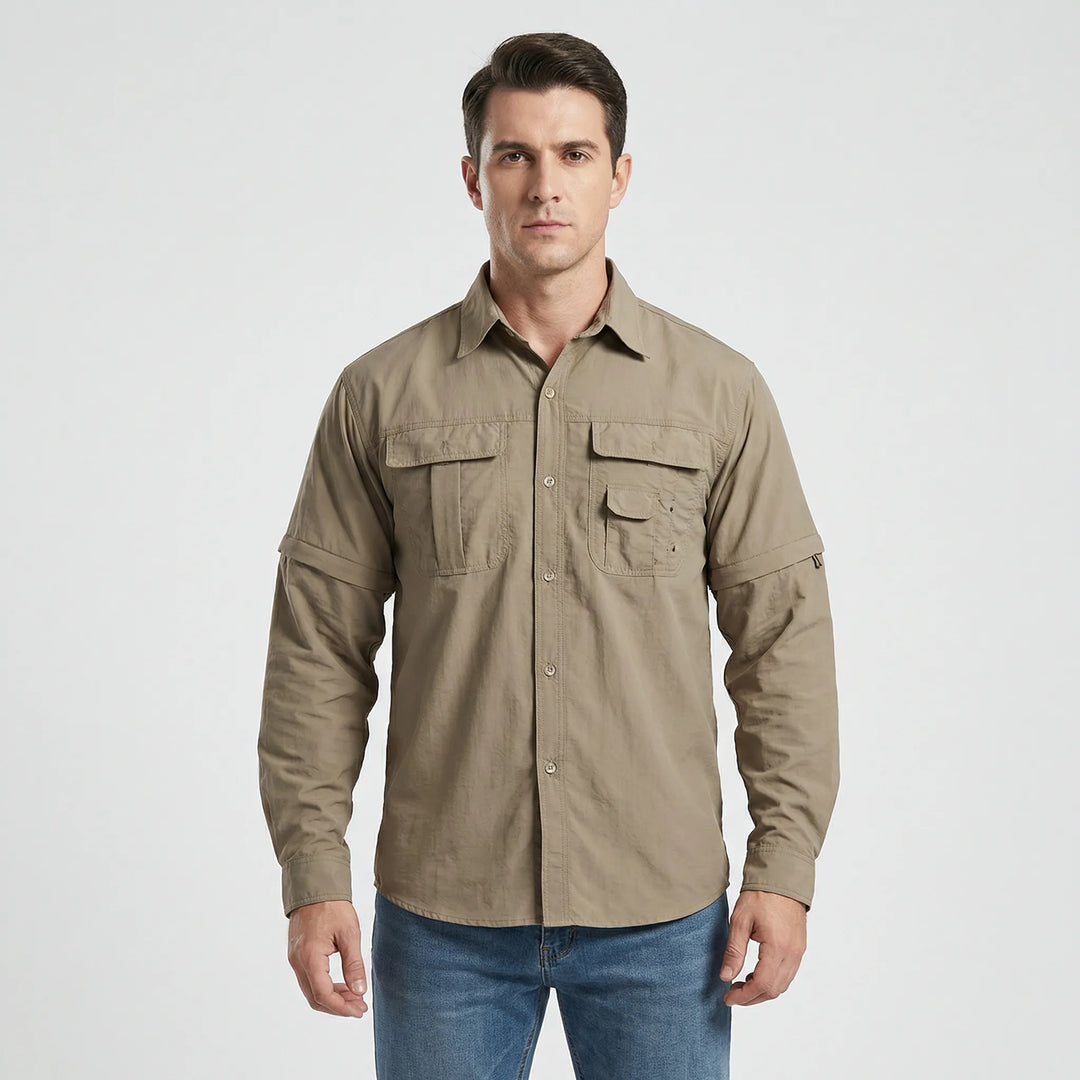 Durable men's outdoor long-sleeve shirt with zip-off sleeves, perfect for camping, fishing, and trekking.