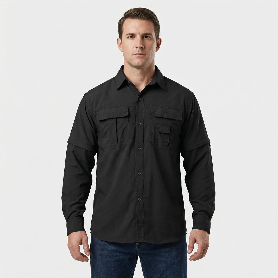 Front view of the Brett men's versatile outdoor shirt, showcasing zip-off sleeves and quick-dry material.