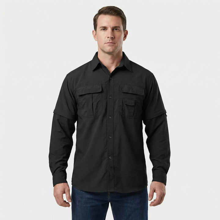 Front view of the Brett men's versatile outdoor shirt, showcasing zip-off sleeves and quick-dry material.