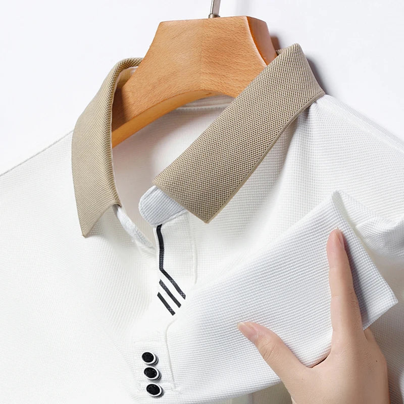 Easy-care men's performance polo, short sleeve, classic design for golf, casual, or office.