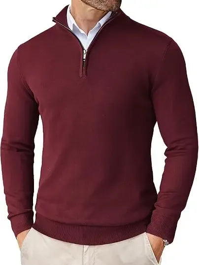 Stylish men's quarter zip knit sweater, ideal for smart casual wear or everyday comfort.