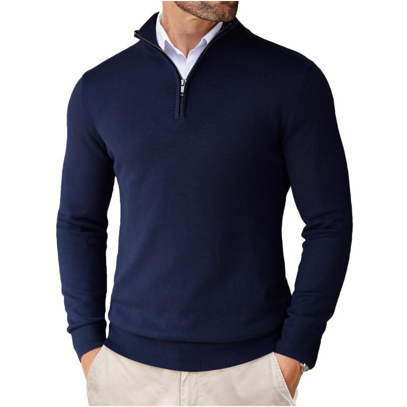 Smart casual men's quarter zip knit sweater. A modern cotton merino pullover for stylish winter fashion.