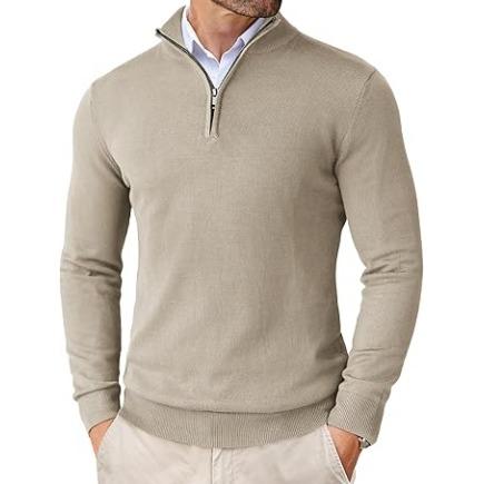 Men's quarter zip knit sweater in a premium cotton merino blend, suitable for elegant casual wear.