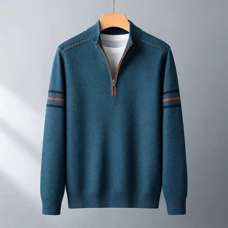 Men's versatile quarter-zip pullover sweater in a classic knit, perfect for smart casual layering or everyday comfort.