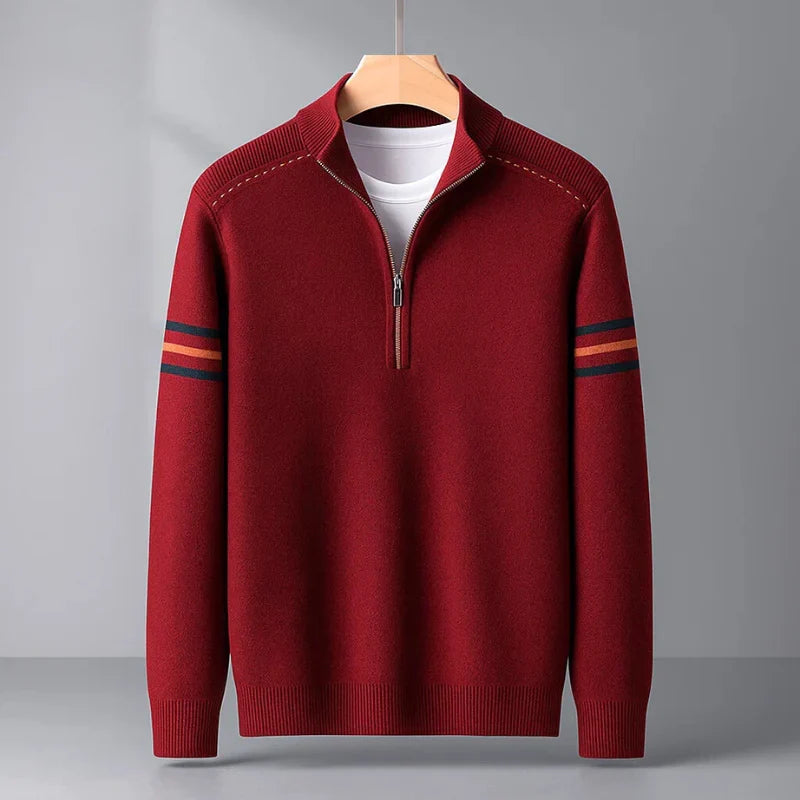 Stylish men's brown quarter-zip long-sleeve pullover sweater, perfect for smart casual outfits and warmth.