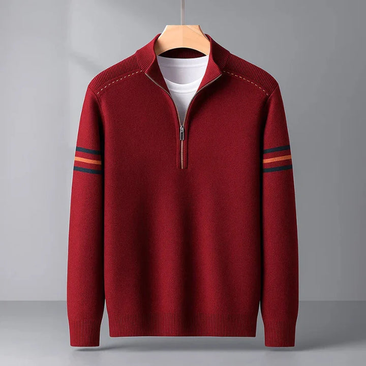 Stylish men's brown quarter-zip long-sleeve pullover sweater, perfect for smart casual outfits and warmth.
