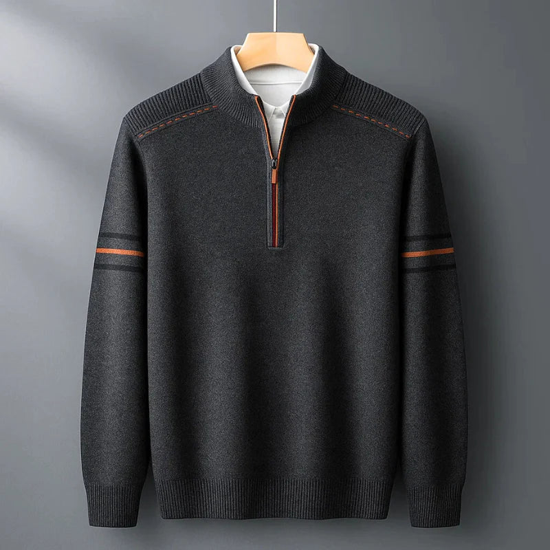 Gray men's quarter-zip pullover sweater, a comfortable long-sleeve top for versatile layering in any season.