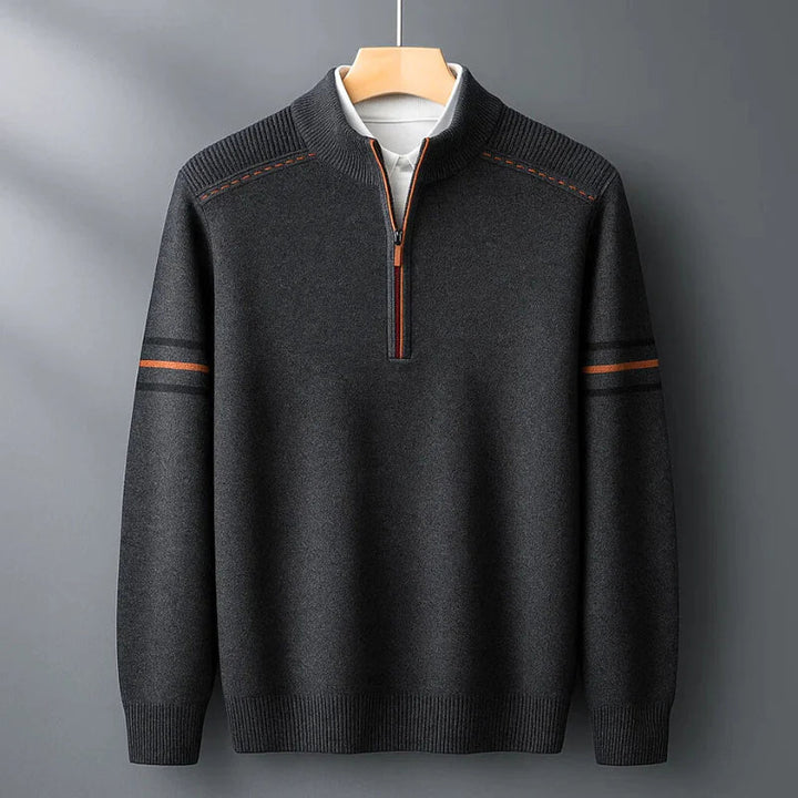 Gray men's quarter-zip pullover sweater, a comfortable long-sleeve top for versatile layering in any season.