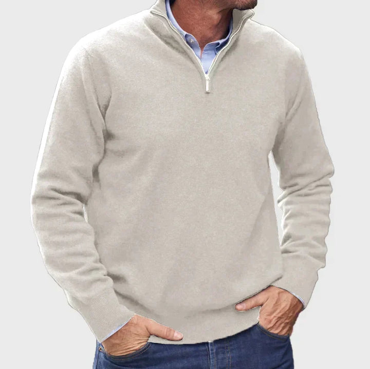 Elegant men's quarter-zip sweater, ideal for sophisticated office attire or smart casual layering.