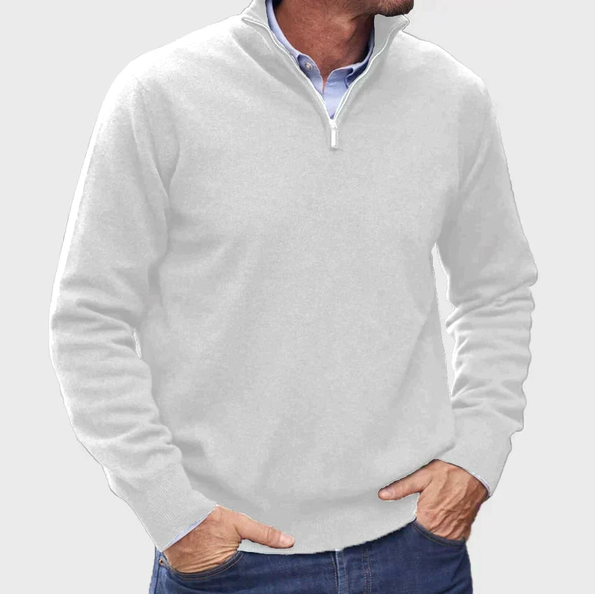 Comfortable men's quarter-zip sweater, suitable for both casual outings and professional office attire.