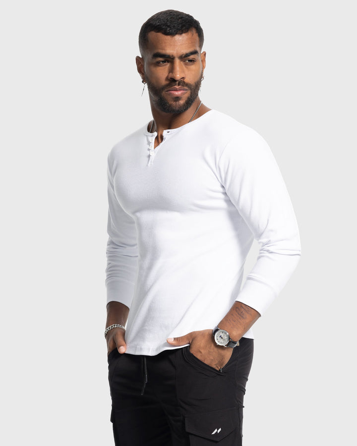 Men's casual long sleeve rib knit henley shirt for daily wear.