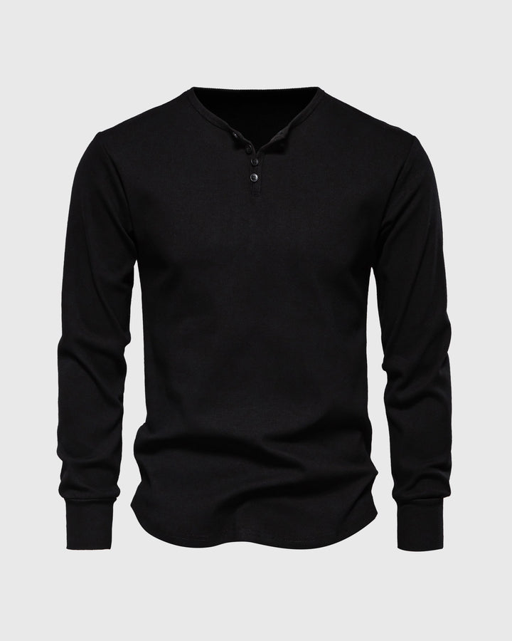 Warm long sleeve ribbed henley for men, comfortable for cooler days.