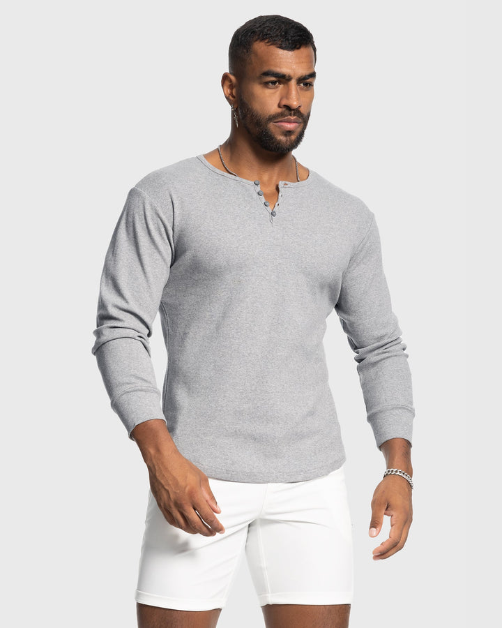 Men's rib knit henley shirt, full view, showcasing its versatile design & comfort.