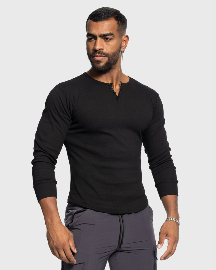 Detailed view of the ribbed texture on a men's comfortable henley shirt.