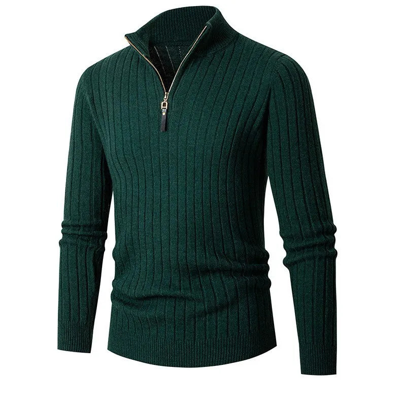 Men's ribbed half-zip sweater, designed for modern comfort, versatile styling, and easy care.