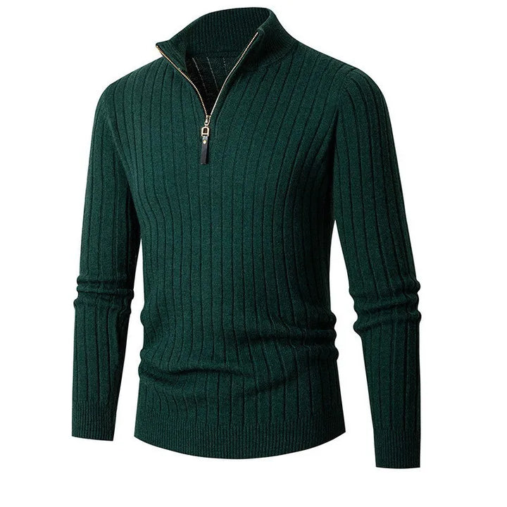 Men's ribbed half-zip sweater, designed for modern comfort, versatile styling, and easy care.