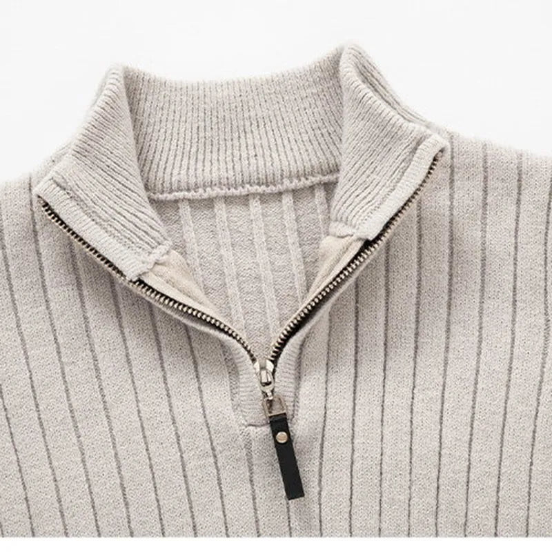 Comfortable men's long sleeve ribbed half-zip sweater in a neutral tone, perfect for versatile wear.