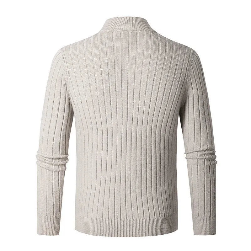 Modern men's ribbed half-zip sweater, offering warmth and style for both casual and dressier occasions.