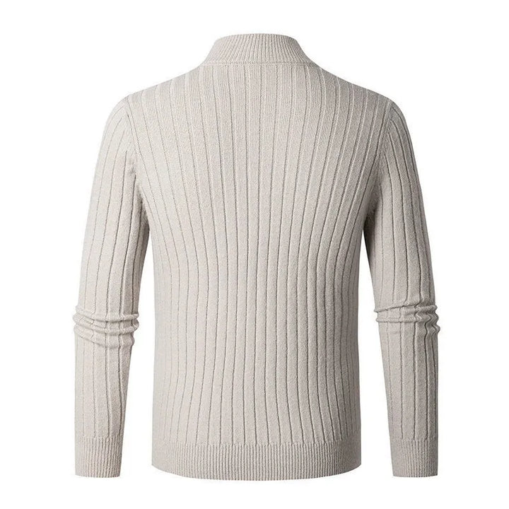 Modern men's ribbed half-zip sweater, offering warmth and style for both casual and dressier occasions.
