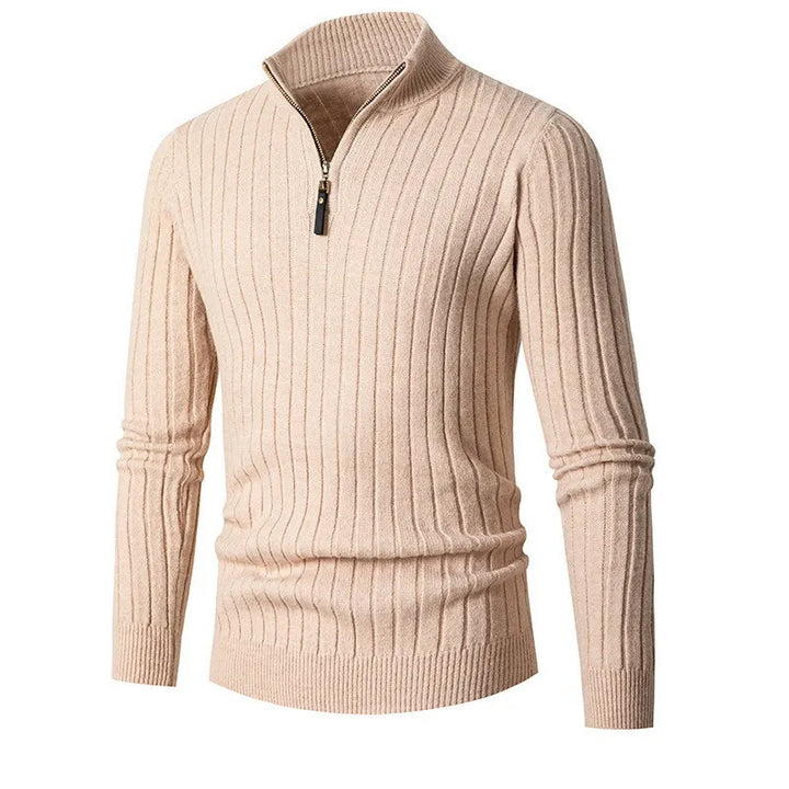 Casual yet sophisticated men's ribbed half-zip sweater in a versatile neutral color, great for any day.