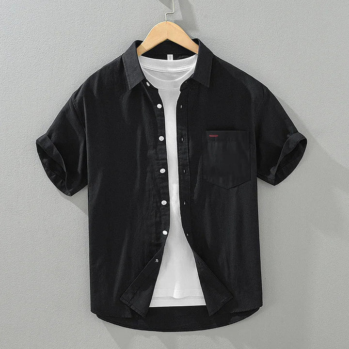 Men's versatile short sleeve button-up summer shirt in a relaxed fit for warm weather & everyday casual style.