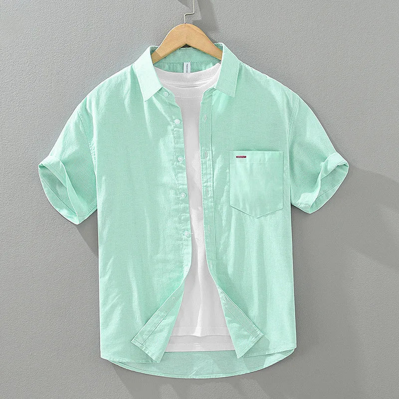 Breathable men's casual short sleeve button-up shirt. Ideal relaxed fit summer top for everyday warm weather style.
